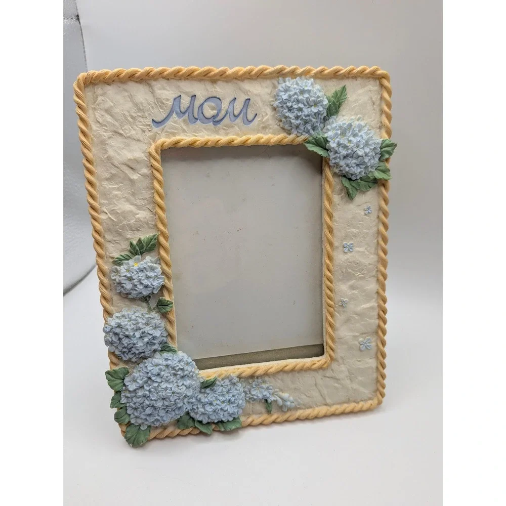 Blue Hydrangea Mom Photo Frame Textured 3D Floral Cottagecore Hang Easel 3.5x5
